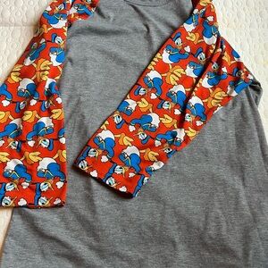 LuLaRoe Gray Top with Colorful Cartoon Sleeves